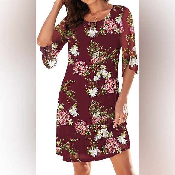 NWT Casual Crewneck Mesh Panel Split See Through 1/2 Sleeve Loose Floral Tunic - Picture 2 of 16